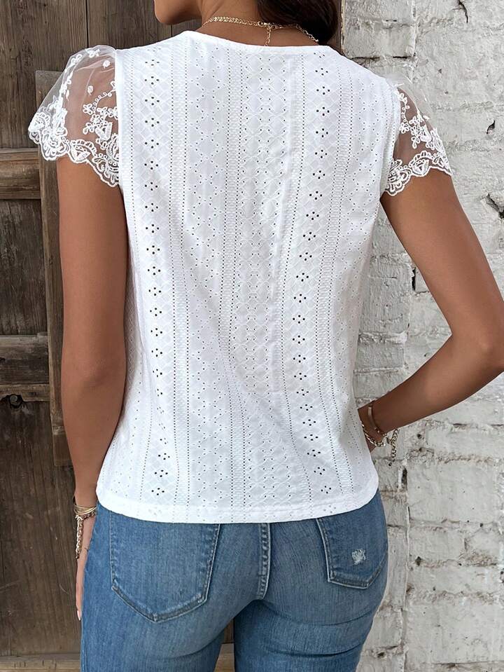 Romantic Short Sleeve Top with Feminine Embroidered Accents