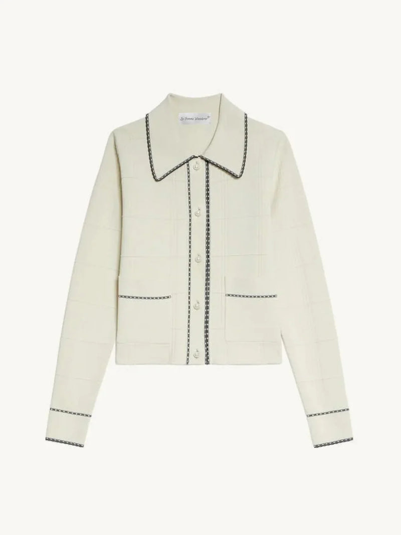 Cardigan tricoté exquis en dentelle à carreaux et boutons de perles