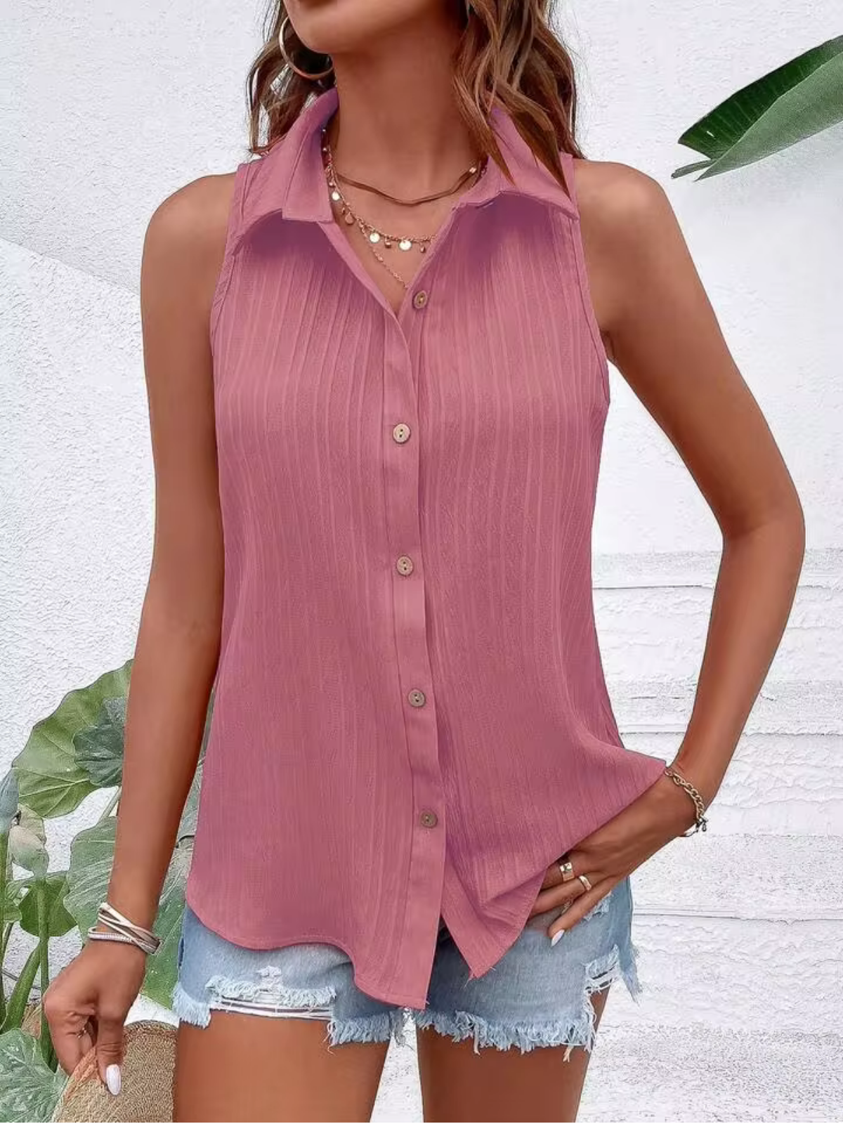 Dusty Rose Sleeveless Collared Button-Up Textured Blouse