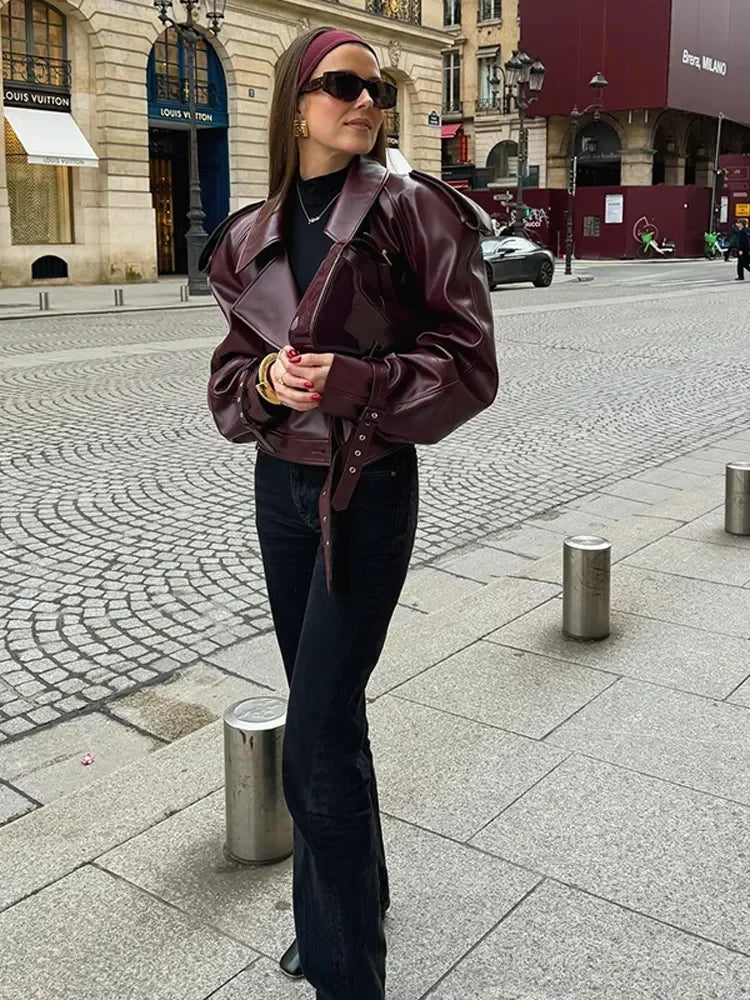 Burgundy Faux Leather Jacket - LA FEMME WANDERER