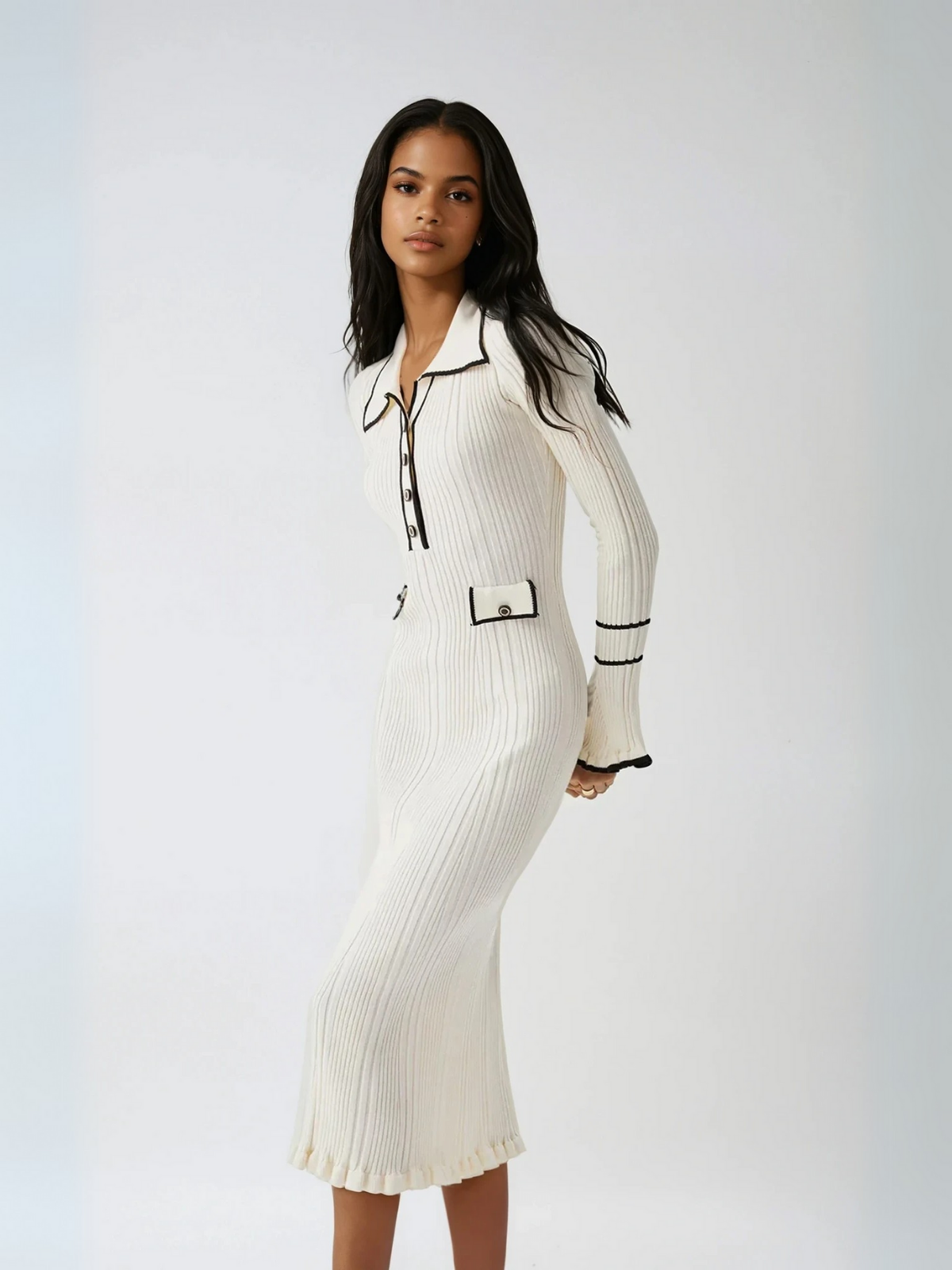 Oldmoney Style Contrast Ruffled Trim Midi Dress - LA FEMME WANDERER