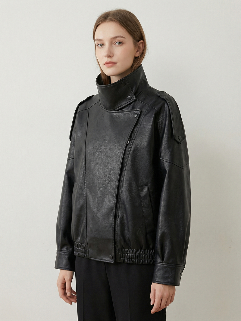 Faux Leather Bomber Jacket For Women Snap Button Office Coat Demi Season Style