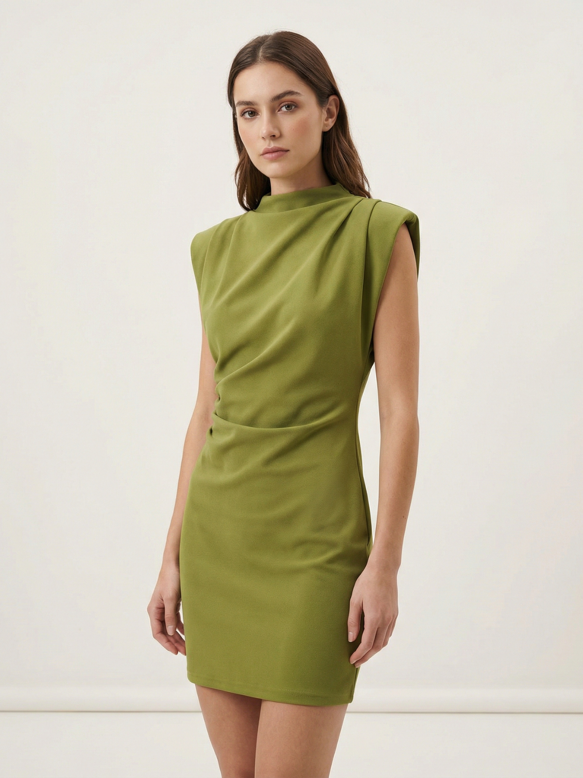 Emerald Ruched Mini Dress With Shoulder Pads