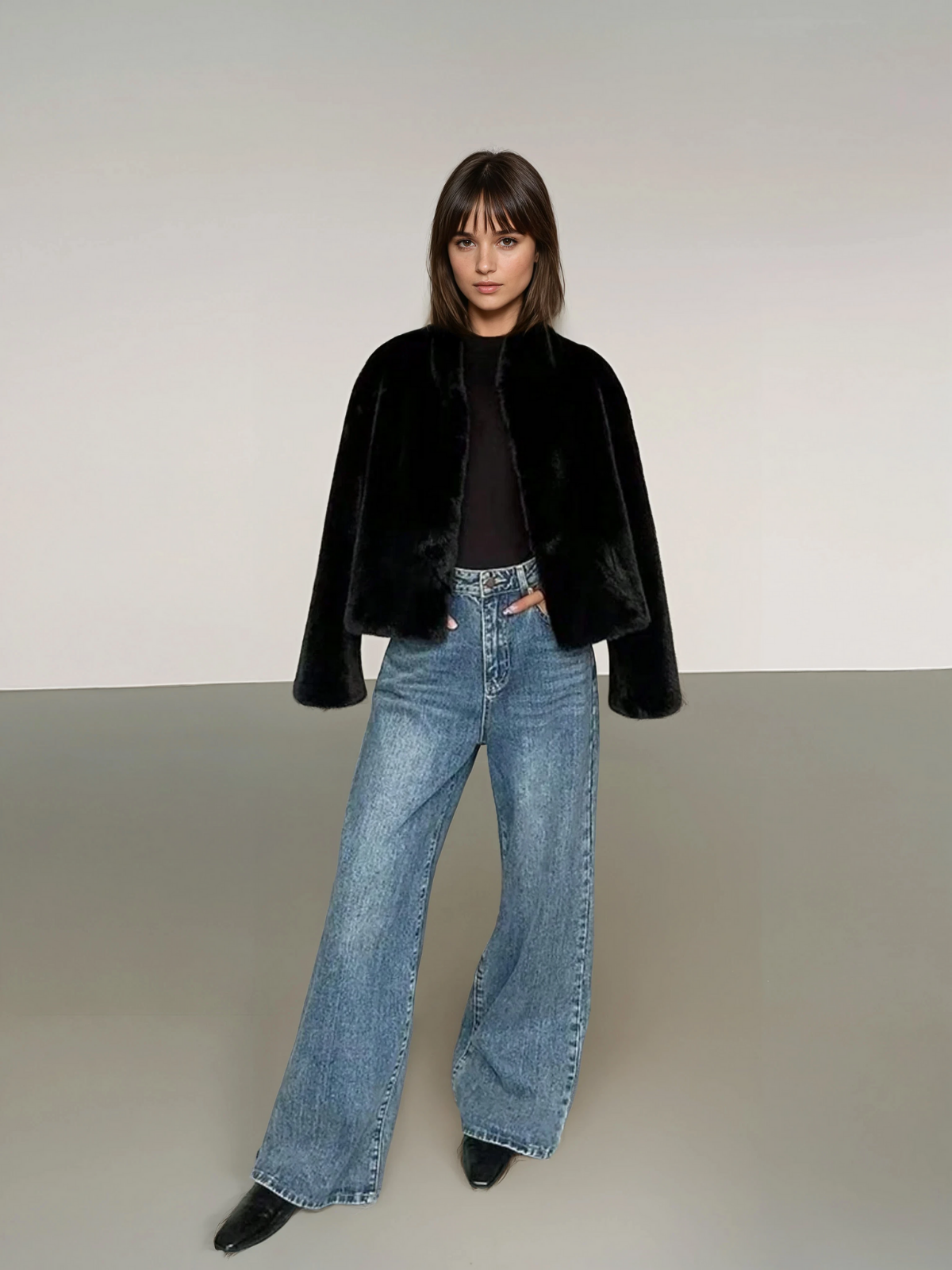 Manteau élégant en fausse fourrure noire pour femme, col montant, manches longues, coupe classique, indispensable de la garde-robe d'hiver.