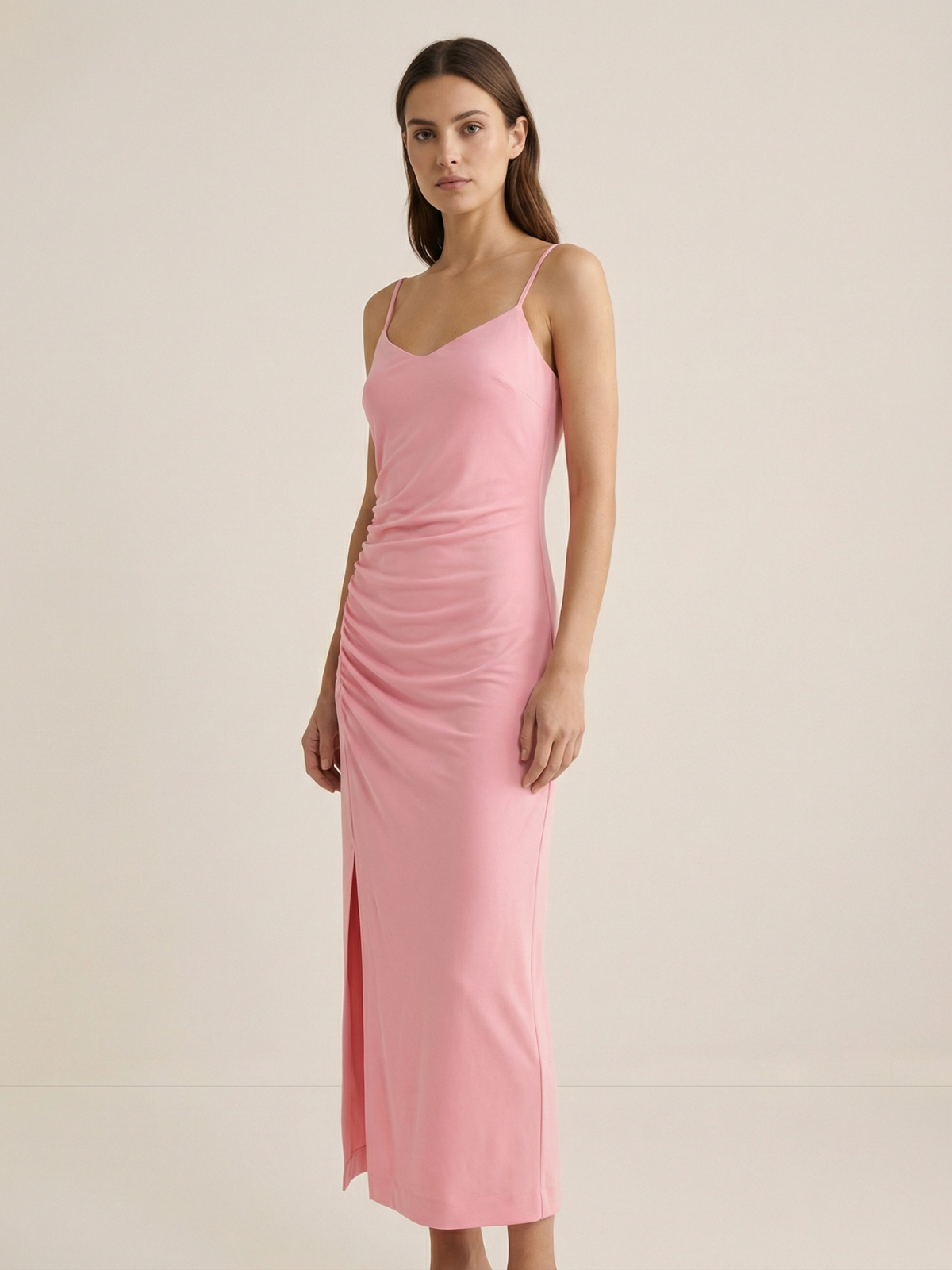 Spaghetti Strap Ruched Midi Dress