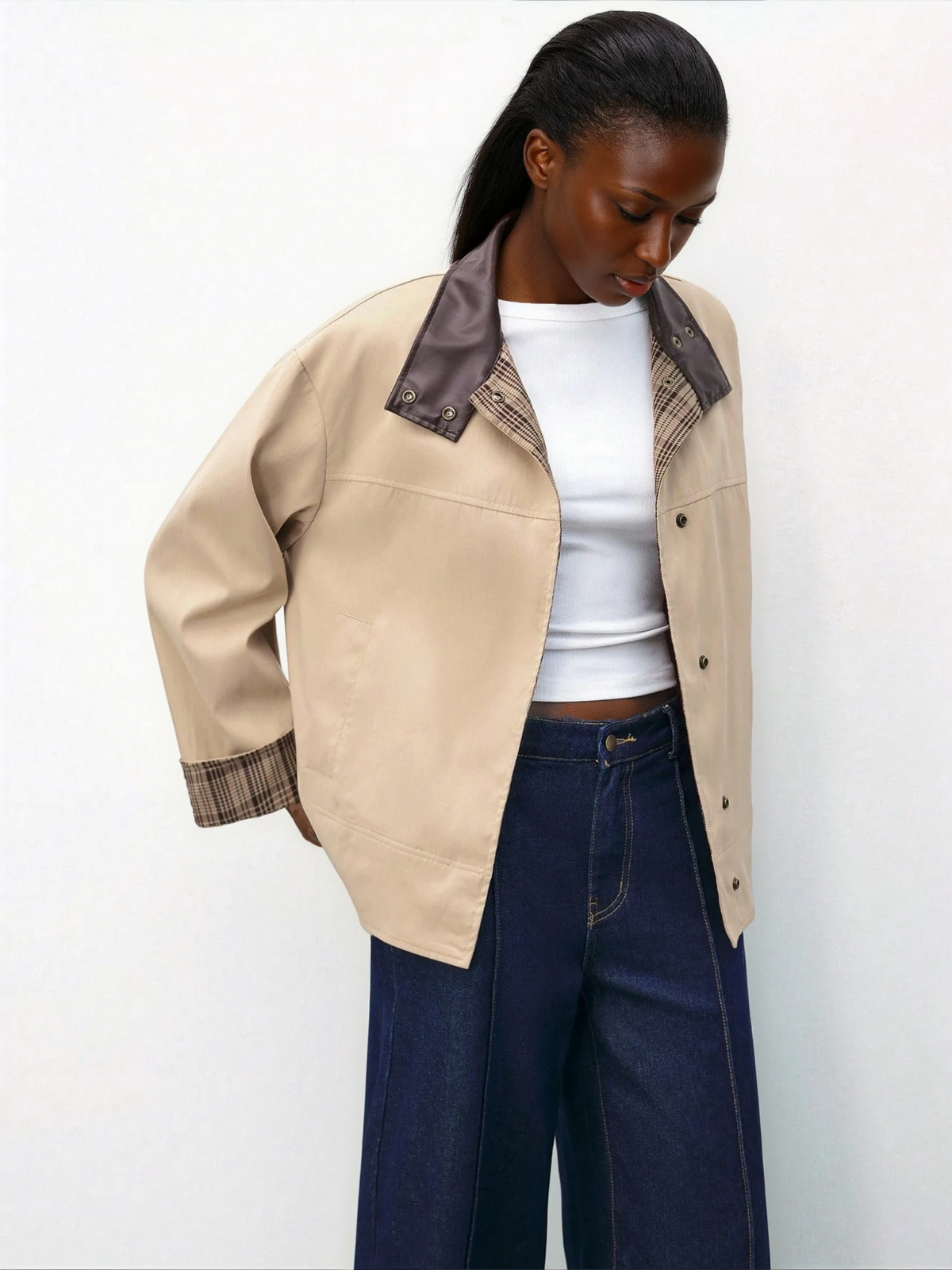 Brown Plaid Patchwork Sleeve Blazer With Leather Collar For Women Winter Everyday Wear